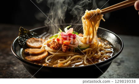 A steaming bowl of ramen features thick noodles, tender pork slices, vibrant vegetables, and aromatic broth. Chopsticks lift noodles as steam rises in a dimly lit restaurant A steaming bowl of ramen features thick noodles, tender pork slices, vibrant vegetables, and aromatic broth. Chopsticks lift noodles as steam rises in a dimly lit restaurant 129819338