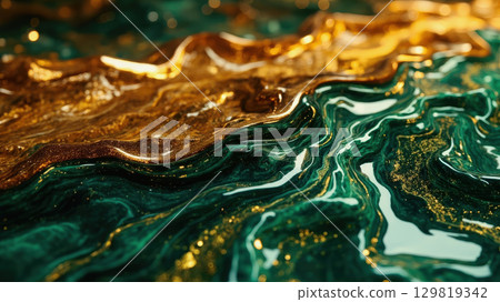 Intricate patterns of green and gold shimmer across a smooth surface, creating a captivating abstract design. The sunlight enhances the glossy finish, highlighting the flowing textures Intricate patterns of green and gold shimmer across a smooth surface, creating a captivating abstract design. The sunlight enhances the glossy finish, highlighting the flowing textures 129819342
