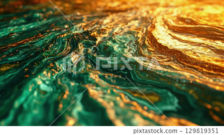 Swirling patterns in shades of green and gold create a mesmerizing visual effect that mimics the movement of fluid waves. The artwork exhibits a dynamic interplay of light and color Swirling patterns in shades of green and gold create a mesmerizing visual effect that mimics the movement of fluid waves. The artwork exhibits a dynamic interplay of light and color 129819351