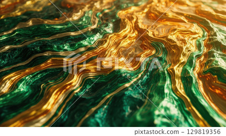Intricate waves of green and gold intertwine, showcasing a dynamic blend of colors that evoke a sense of nature's elegance and fluidity. This striking abstract design captivates the viewer Intricate waves of green and gold intertwine, showcasing a dynamic blend of colors that evoke a sense of nature's elegance and fluidity. This striking abstract design captivates the viewer 129819356
