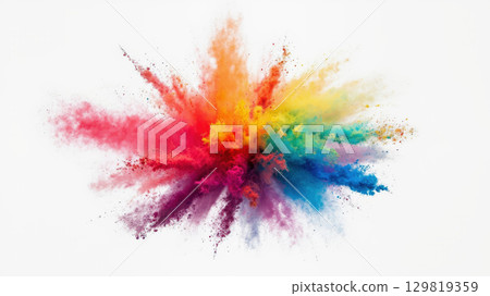 A brilliant explosion of colored powder fills the air, showcasing a stunning array of colors blending and contrasting with each other. The vibrant display exudes energy and creativity 129819359