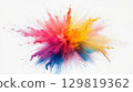 Bright hues of pink, orange, yellow, and blue burst outwards, forming a dynamic splash of color against a white background in a studio, showcasing artistic creativity 129819362