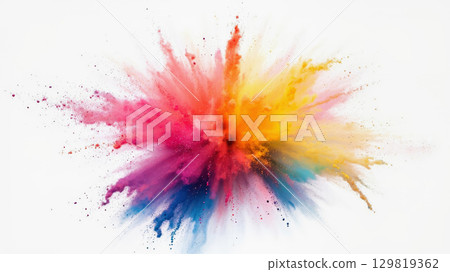 Bright hues of pink, orange, yellow, and blue burst outwards, forming a dynamic splash of color against a white background in a studio, showcasing artistic creativity 129819362