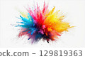Bright hues of blue, pink, orange, and yellow burst outward in a dynamic display of powdered pigments, showcasing creativity and joy during a festive event 129819363