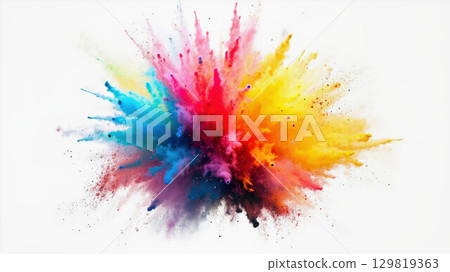 Bright hues of blue, pink, orange, and yellow burst outward in a dynamic display of powdered pigments, showcasing creativity and joy during a festive event Bright hues of blue, pink, orange, and yellow burst outward in a dynamic display of powdered pigments, showcasing creativity and joy during a festive event 129819363