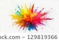 Colorful splashes of paint burst across a white background, creating a lively effect. The bright hues blend and radiate, evoking energy and creativity, perfect for artistic expressions 129819366