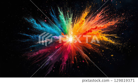 A burst of colorful paint particles disperses in all directions against a dark background, forming a stunning display of vibrant hues and dynamic patterns A burst of colorful paint particles disperses in all directions against a dark background, forming a stunning display of vibrant hues and dynamic patterns 129819371