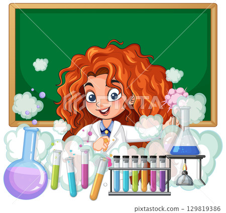 Curly-Haired Scientist Conducts Chemistry Experiment in Classroom Curly-Haired Scientist Conducts Chemistry Experiment in Classroom 129819386