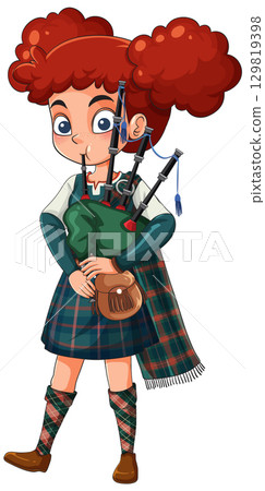 Red-Haired Girl Playing Bagpipes in Tartan Outfit Red-Haired Girl Playing Bagpipes in Tartan Outfit 129819398