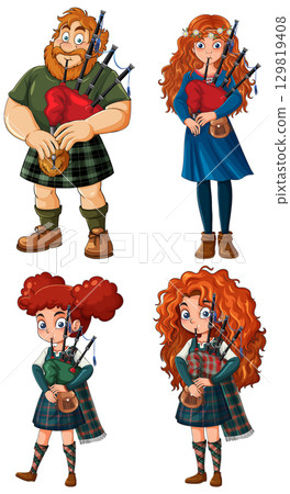 Cartoon Scottish Characters Playing Bagpipes in Traditional Dress 129819408