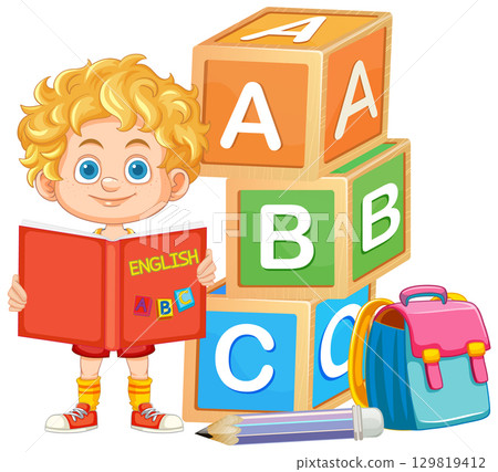 Young Boy Learning Alphabet with Blocks and Book 129819412