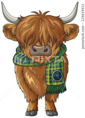 Highland Cow Wearing Tartan Scarf Front View Illustration Highland Cow Wearing Tartan Scarf Front View Illustration 129819413