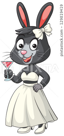 Elegant Cartoon Bunny in White Dress Holding Cocktail 129819419