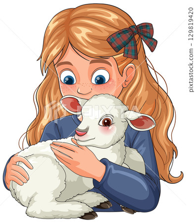 Young Girl Gently Holding White Lamb in Arms 129819420