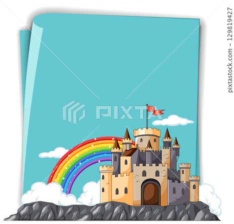 Medieval Castle with Rainbow and Rocky Landscape Medieval Castle with Rainbow and Rocky Landscape 129819427