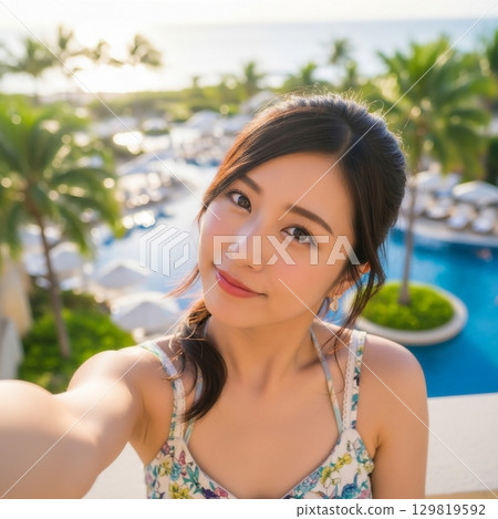 年輕女子在度假村自拍 129819592