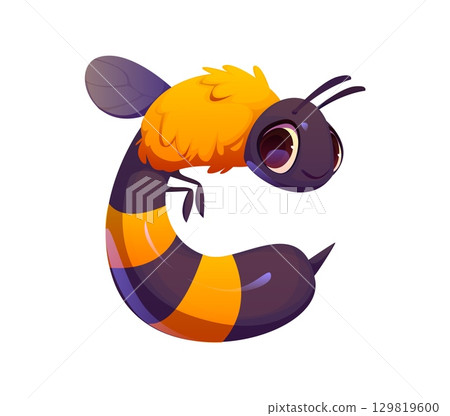 Cartoon letter C shaped like a bee with yellow orange fuzz, striped body, wings and antennae. Charming agriculture typeface, farm font, harvest type, funny English alphabet, abc typography character 129819600