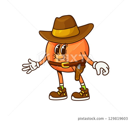 Cartoon groovy orange fruit cowboy, sheriff, ranger and bandit character. Isolated vector citrus y2k personage in western hat and belt with gun. Funny healthy food, vitamin product with hippie vibe 129819603