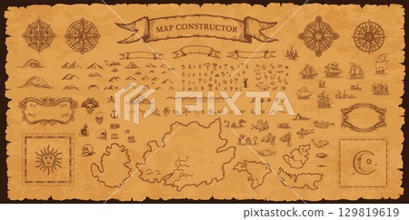 Vintage pirate map constructor, vector set of elements on aged parchment background for treasure hunt, exploration and fantasy adventure. Compass roses, sea monsters, sailing ships, skulls and islands Vintage pirate map constructor, vector set of elements on aged parchment background for treasure hunt, exploration and fantasy adventure. Compass roses, sea monsters, sailing ships, skulls and islands 129819619