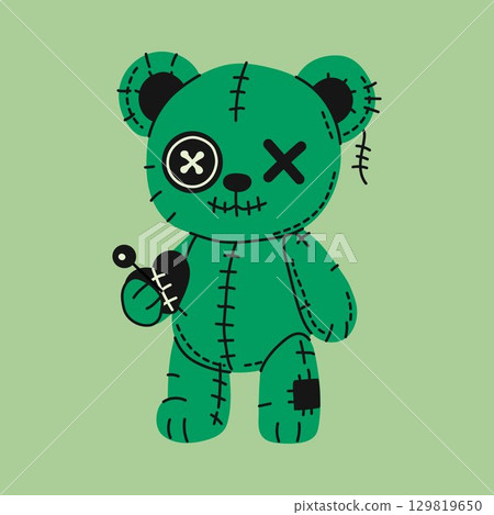 Green Stitched Voodoo Bear with Heart and Button Eye 129819650