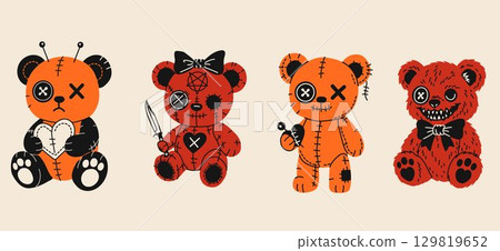 Collection of creepy gothic teddy bears with stitched details, button eyes, and horror accessories including knives, heart patches, and bows	 129819652