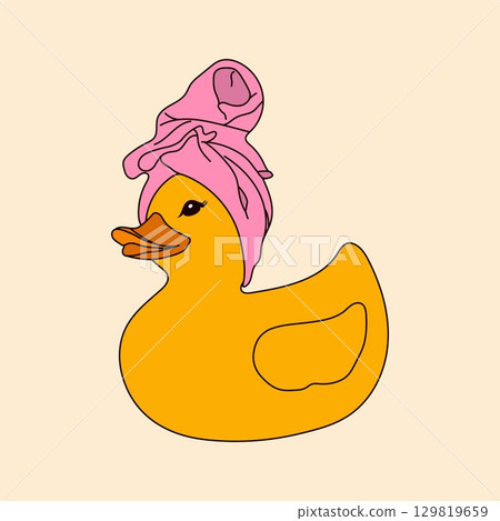A cute rubber duck enjoying a spa day with a pink towel wrapped around its head. A playful and relaxing character design perfect for wellness, self care, and relaxation themed visuals 129819659
