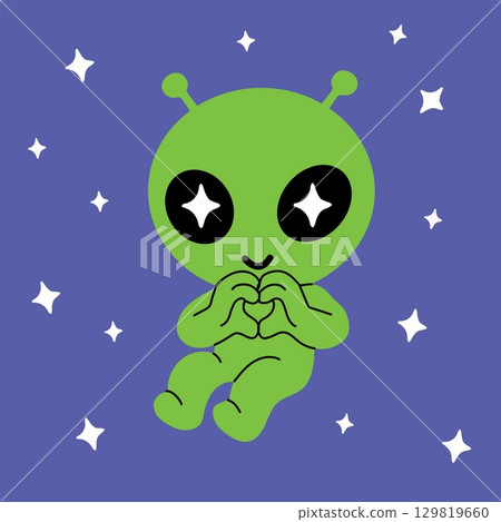 Cute Green Alien Making Heart Hands in Space Cute Green Alien Making Heart Hands in Space 129819660