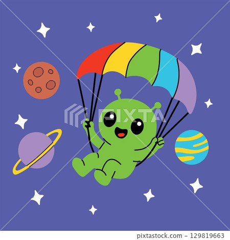 Cartoon Alien with Rainbow Parachute and Planets Cartoon Alien with Rainbow Parachute and Planets 129819663