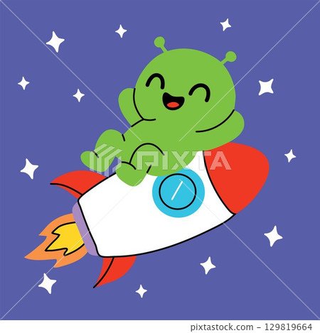 Kawaii green alien riding a white and red rocket through outer space surrounded by shining stars Kawaii green alien riding a white and red rocket through outer space surrounded by shining stars 129819664