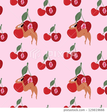 Seamless Pattern with Woman and Cherry Symbolizing Vulva. Body Positive Artwork Seamless Pattern with Woman and Cherry Symbolizing Vulva. Body Positive Artwork 129819666