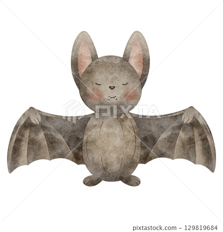 Bat spread its wings. Watercolor illustration mouse with vampire teeth in children's style, animal hand drawn on isolated background for design postcard poster Halloween party label invitation holiday 129819684