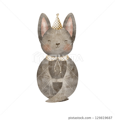 Watercolor illustration halloween bat in party hat. Sleeping animal character, mouse folded wings hand drawn in childish style on isolated background for design festive greeting card poster invitation Watercolor illustration halloween bat in party hat. Sleeping animal character, mouse folded wings hand drawn in childish style on isolated background for design festive greeting card poster invitation 129819687