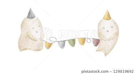 Watercolor illustration of ghost in party cap holding garland of flags. Picture hand drawn in childish Halloween style isolated from background for design of postcard, poster, invitation to holiday 129819692