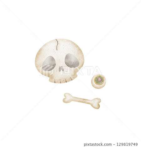 Watercolor Halloween illustration skull, bones, skeleton, eyeball. Human head, eye hand drawn in childish cute style on isolated background for design holiday card poster invitation packaging clothes Watercolor Halloween illustration skull, bones, skeleton, eyeball. Human head, eye hand drawn in childish cute style on isolated background for design holiday card poster invitation packaging clothes 129819749