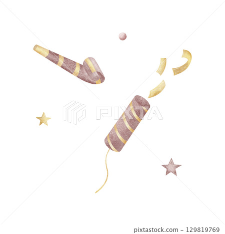 Watercolor illustration exploding party popper, confetti, whistle . Picture yellow purple color in children's style isolated from background for design Halloween postcard invitation Christmas birthday Watercolor illustration exploding party popper, confetti, whistle . Picture yellow purple color in children's style isolated from background for design Halloween postcard invitation Christmas birthday 129819769