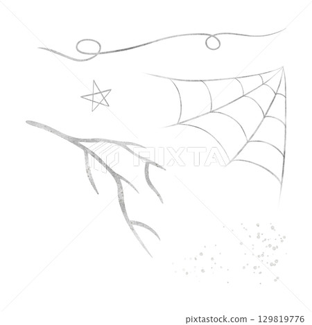 Tree branch, spider web, rope, splatter gray Halloween. Watercolor illustration of scary decor is hand drawn isolated from the background. Clipart for design of cards, labels, invitations, holidays 129819776
