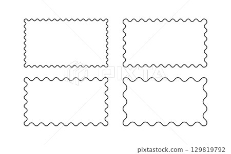 Wavy scallop edge frame set. Wave rectangle vintage geometric shape. Scalloped wiggle border. Squiggly clouds square stickers. Empty text boxes. Vector illustration isolated on white background 129819792