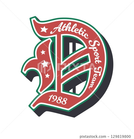 Varsity sport patch, players team or college league label of letter D, vector badge. Varsity sport club patch with stars and estd year for college soccer football, university basketball and baseball 129819800