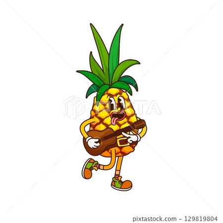Cartoon groovy pineapple fruit cowboy, sheriff, ranger and bandit character. Vector cheerful tropical fruit personage dressed as a Wild West country singer, strumming a guitar in playful, musical vibe 129819804
