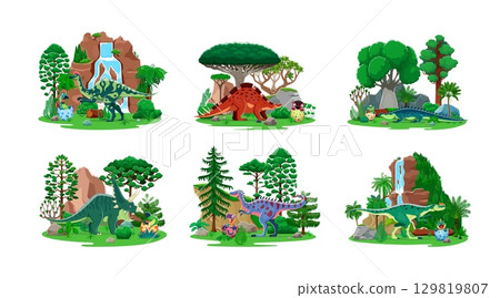 Mother dinosaurs with kids in egg shell. Cartoon vector dino characters in lush prehistoric jungle scenes. Mom reptiles and their hatching babies in vibrant natural habitats of ancient Jurassic era 129819807