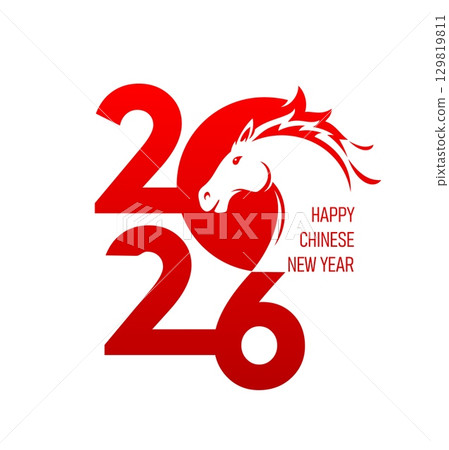 2026 Chinese New Year of horse greeting card. Vector lunar calendar animal of year, red silhouette of Chinese zodiac and horoscope fire horse. Happy CNY and asian spring festival celebration symbol 129819811