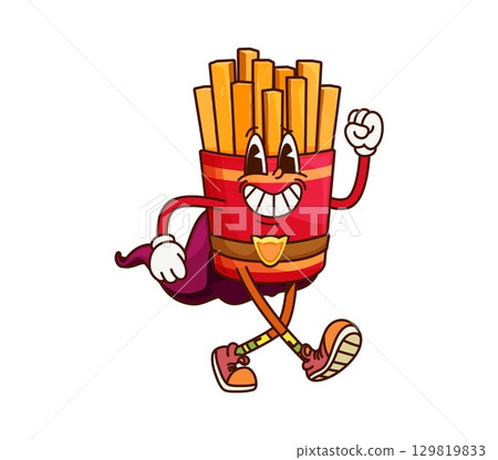 Cartoon groovy box of French fries, fast food superhero character wearing red cape and striking a dynamic walking pose. Vector cheerful and energetic y2k fastfood personage for children menus or cafes 129819833