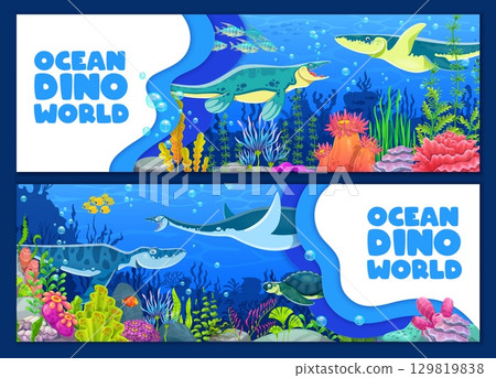 Paper cut banners with prehistoric sea dinosaurs and underwater reptiles, vector characters. Kids dino encyclopedia or paleontology banners with prehistoric aquatic dinosaurs or underwater reptiles 129819838