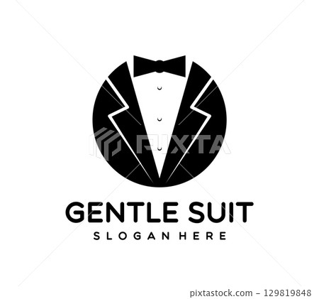 Gentleman black tuxedo suit icon. Vector black and white emblem featuring formal attire with bow tie, symbolizing elegance and sophistication. Label represents luxury men fashion and premium services Gentleman black tuxedo suit icon. Vector black and white emblem featuring formal attire with bow tie, symbolizing elegance and sophistication. Label represents luxury men fashion and premium services 129819848