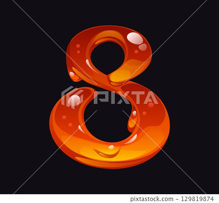 Tasty honey cartoon font digit 8 eight. Tasty candy ABC font figure, honey cartoon vector math typeface numeral symbol. Liquid caramel mathematics typeface digit or amber alphabet type number 129819874