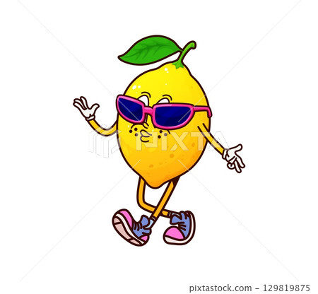 Cartoon groovy lemon fruit character. Isolated vector vintage y2k ripe citrus personage with expressive face, wearing retro sunglasses and sneakers, striking confident pose with a cheerful expression Cartoon groovy lemon fruit character. Isolated vector vintage y2k ripe citrus personage with expressive face, wearing retro sunglasses and sneakers, striking confident pose with a cheerful expression 129819875