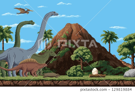 8 bit pixel art prehistoric dinosaurs with dino eggs. Retro 2D arcade game pixel vector landscape or scene with prehistoric land and flying dinosaurs, volcano mountain, jungle trees and dino egg 129819884