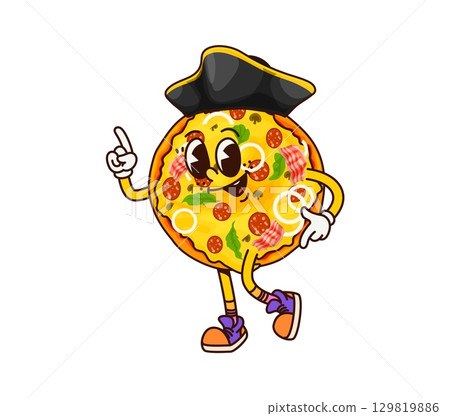Cartoon groovy fast food pirate or pizza corsair character with funny face, vector personage. Groovy pizza pirate or Caribbean corsair in captain tricorn hat, fast food sailor character with smile 129819886