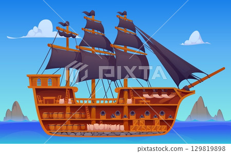 Pirate ship diagram or cross section of corsair sailboat or frigate boat, cartoon vector. Medieval pirate ship cross section cut with deck levels, barrel platforms and sailor cabins or bunkrooms 129819898