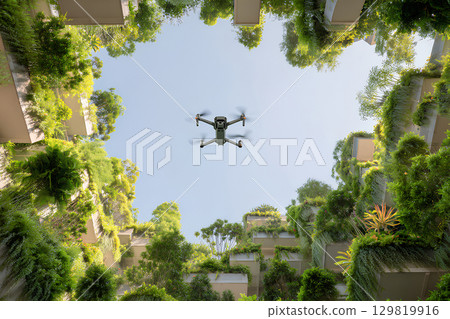 A drone flies over a city rooftop garden 129819916
